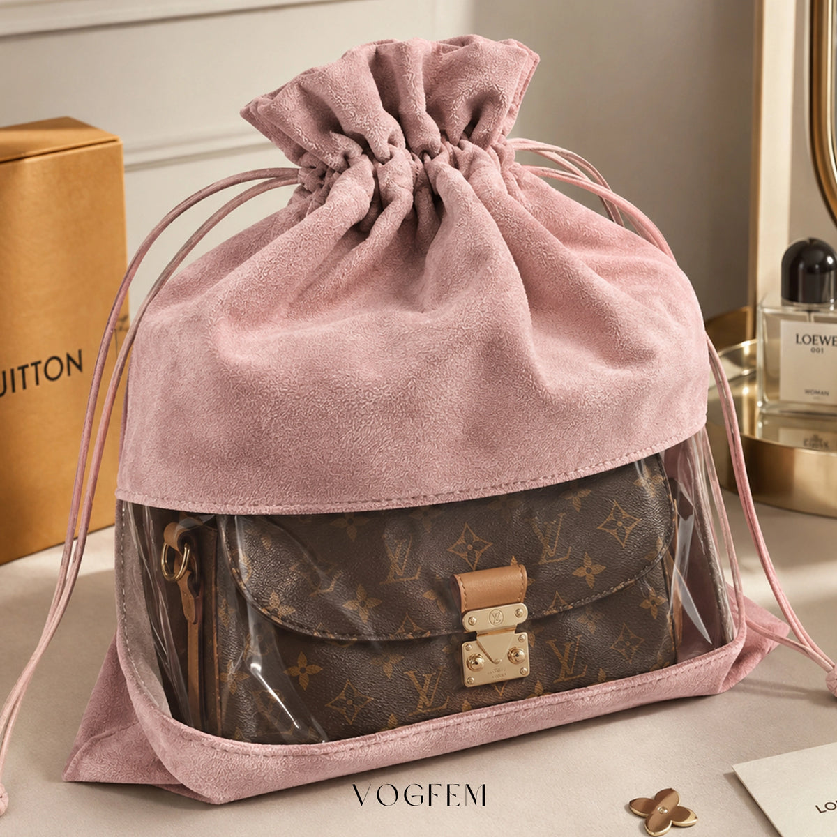 Suede Dust Bag with Transparent Window for Luxury Bag Storage