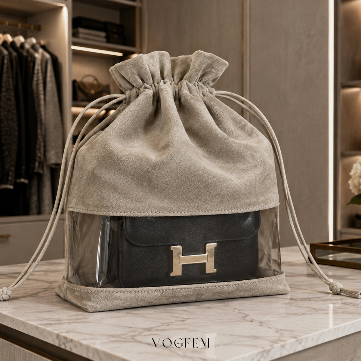 Suede Dust Bag with Transparent Window for Luxury Bag Storage